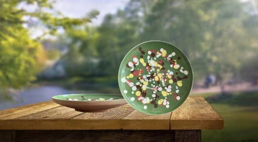 Farfurie Ceramica de Horezu, Model "Stropi de Culoare", Pictata Manual, 20-22cm, Verde